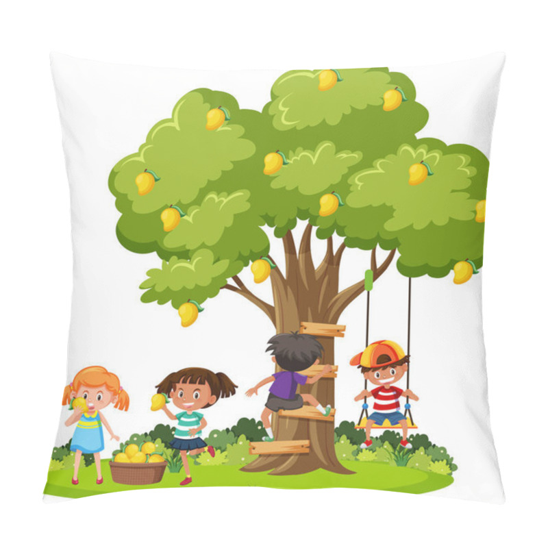 Personality  Kids Harvesting Mango From Tree Illustration Pillow Covers