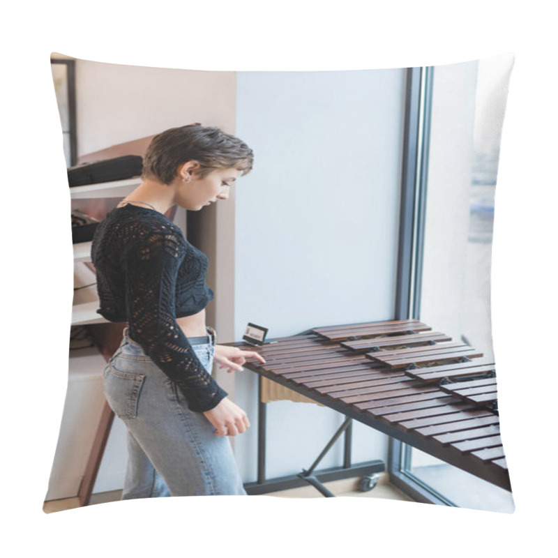 Personality  Side View Of Customer Standing Near Xylophone In Music Store  Pillow Covers