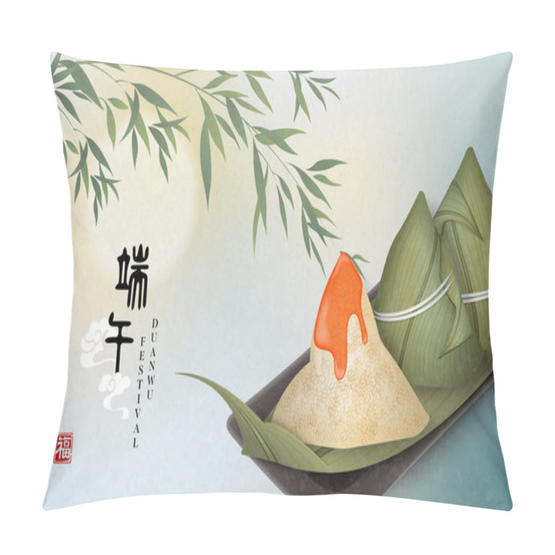 Personality  Happy Dragon Boat Festival Background Template Traditional Food Rice Dumpling And Bamboo Leaf. Chinese Translation : Duanwu And Blessing Pillow Covers