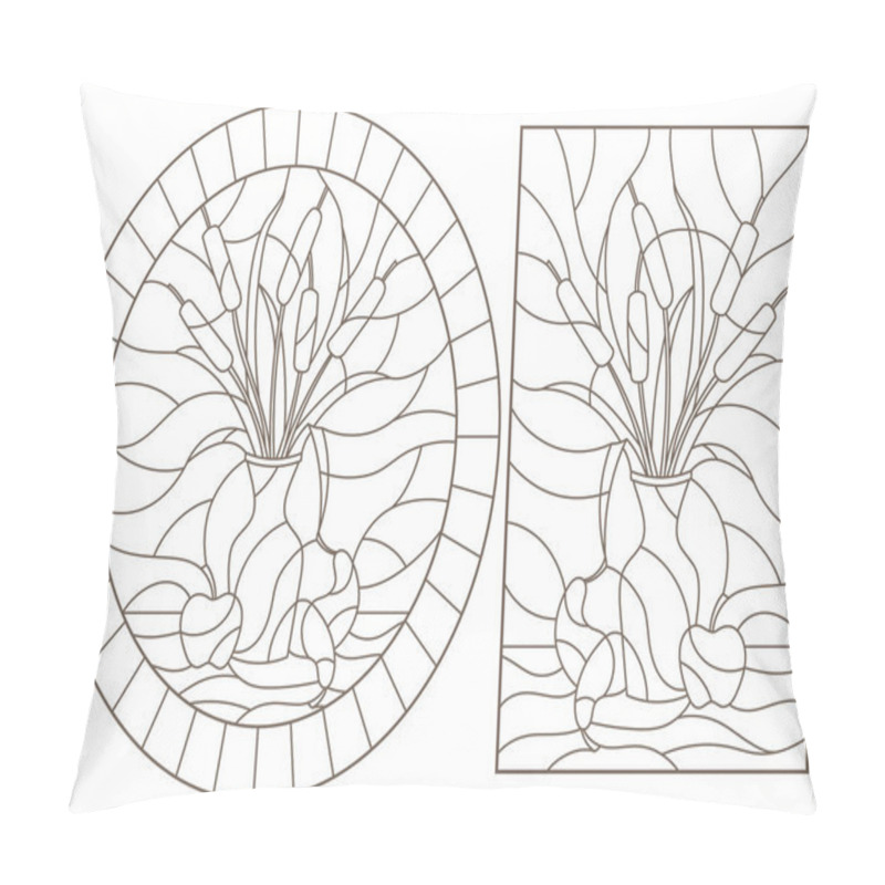 Personality  Set Of Contour Illustrations Of Stained Glass Windows With Still Lifes, Vase With Reeds And Fruit, Dark Outlines On A White Background Pillow Covers