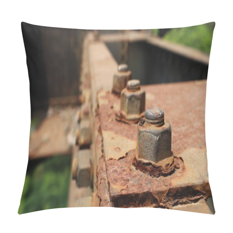 Personality  Rusted Bolts And Threads On The Old Bridge Structure. On A Green Tree Background. Close Focus And Select Objects Pillow Covers