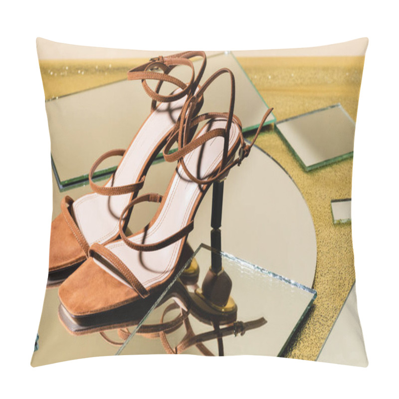 Personality  Pair Of Brown Suede Elegant Heeled Sandals On Mirror Surface Pillow Covers