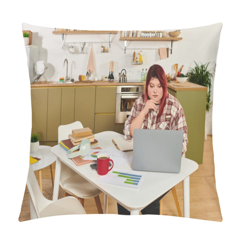 Personality  Young Woman Engages With Her Laptop While Surrounded By Books And Plants In A Bright Kitchen. Pillow Covers