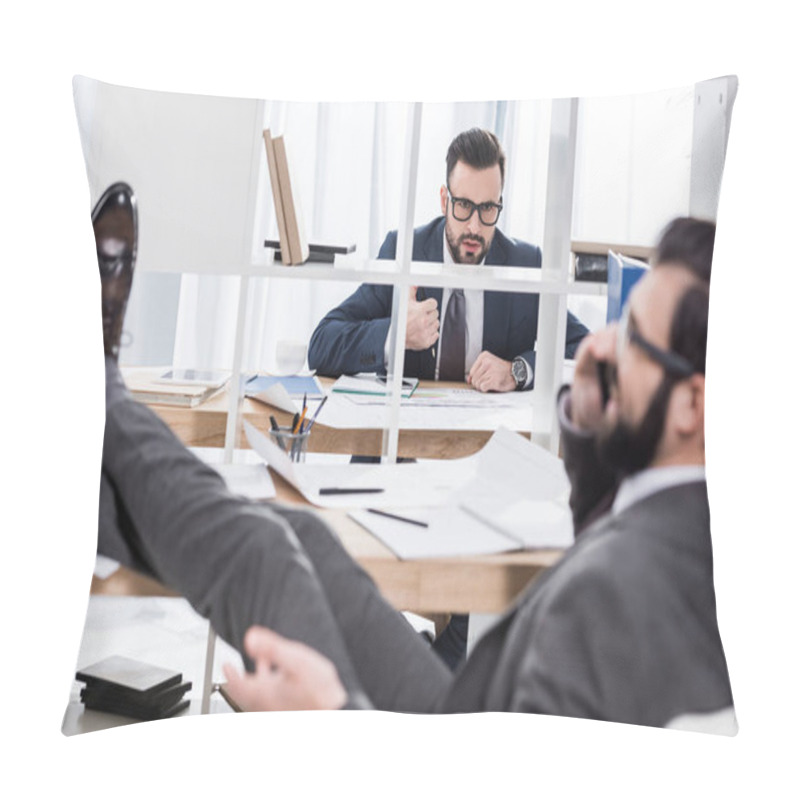 Personality  Businessman Trying To Work When Colleague Talking By Smartphone With Legs On Table  Pillow Covers