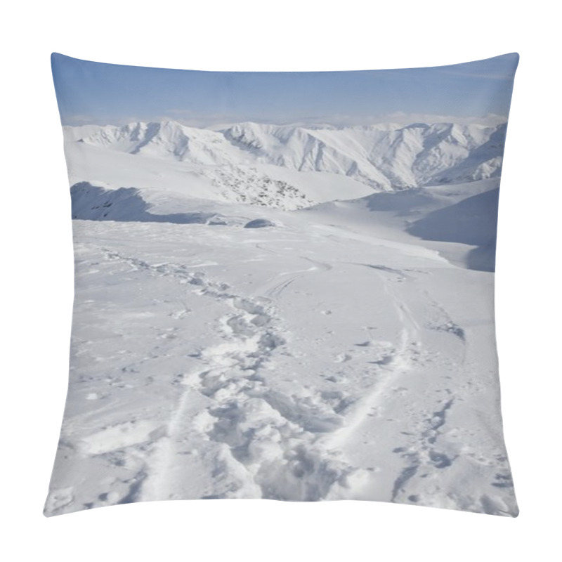 Personality  Footprints And Ski And Snowboard Tracks In Alpine Winter Landscape Pillow Covers