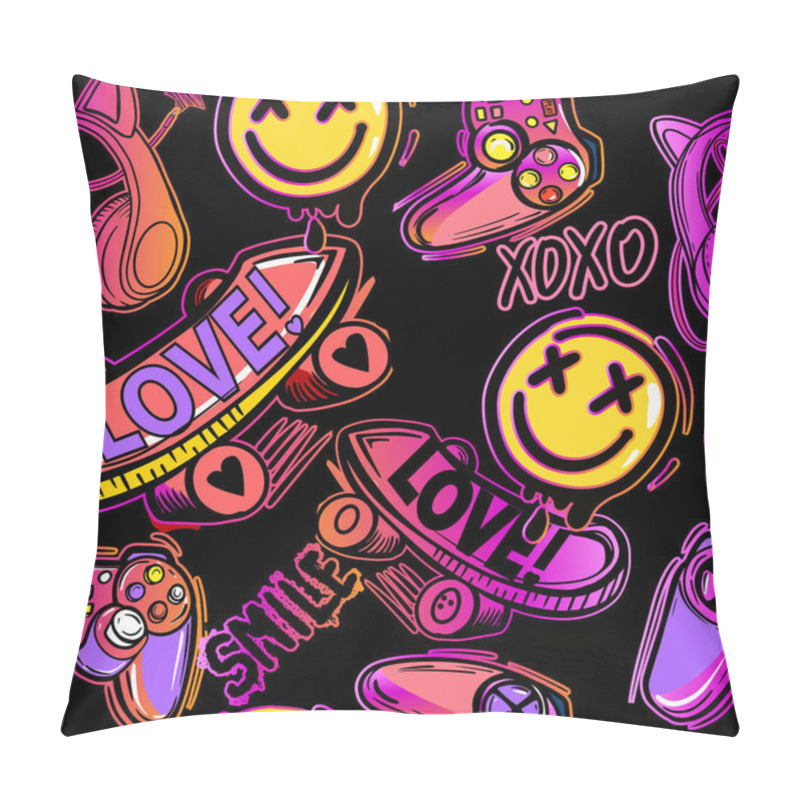 Personality  Girls Seamless Pattern With Calligraphic Slogan, Hearts, Words . Background For Textile, Graphic Tees, Kids Wear. Wallpaper For Teenager Girls. Fashion Style Pillow Covers