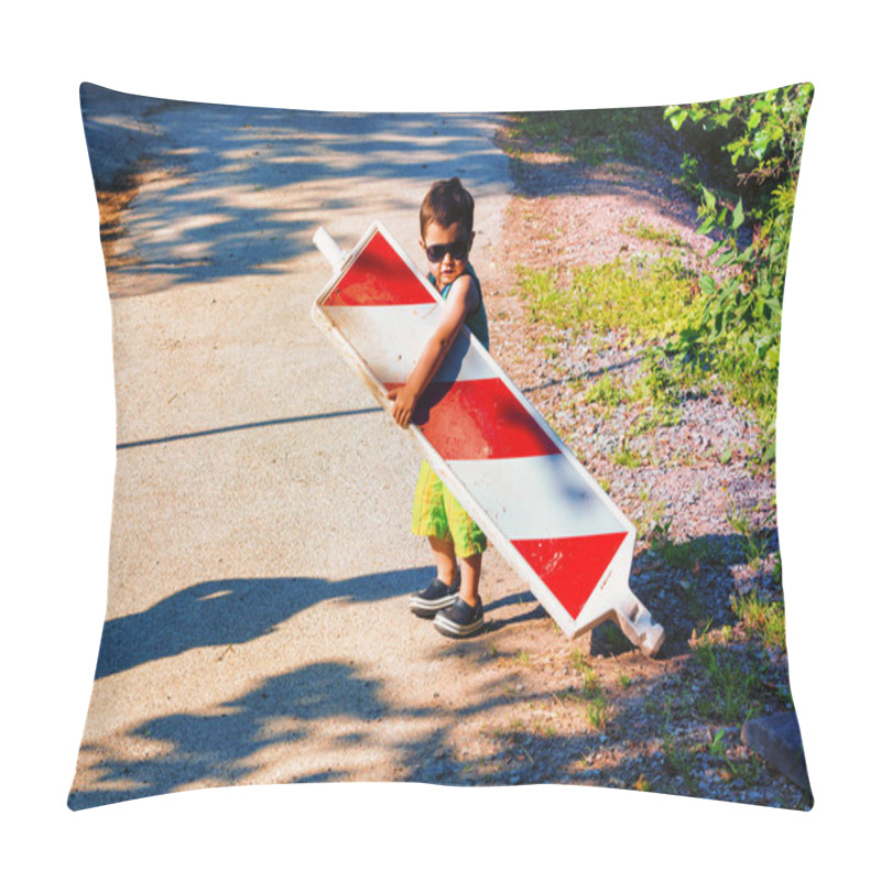 Personality  Little Boy Is Carrying A Construction Site Barrier Across The Street. To Overcome Difficulties Pillow Covers