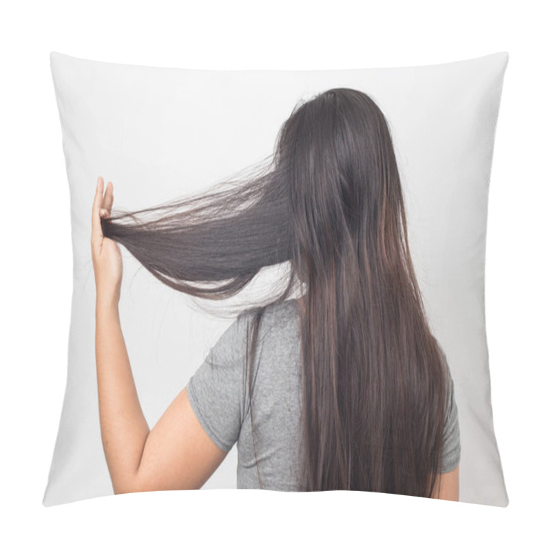 Personality  Woman Holding Messy Damaged Dry Hair In Hands. Back View,Haircare Concept Pillow Covers