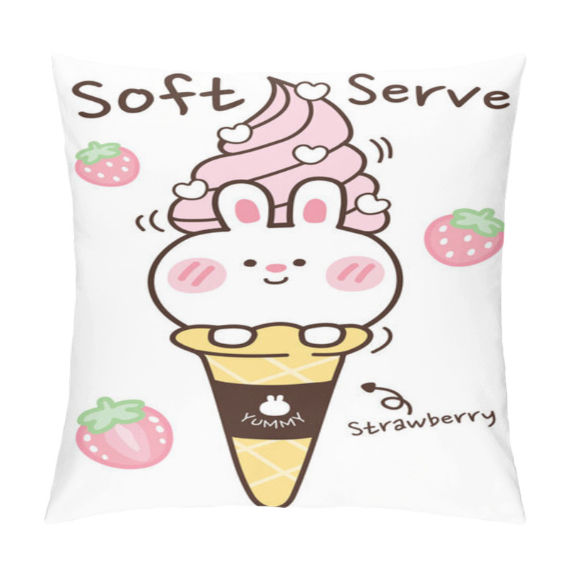 Personality  Soft Serve On Head Cute Rabbit Hand Drawn. Strawberry Flavor Ice Cream On Cone Background. Cartoon Bunny Doodle Style. Yummy Logo. Can Be Use For Card, Menu, T-shirt. Vector. Illustration.  Pillow Covers