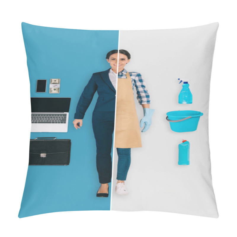 Personality  Young Woman In Two Occupations Of Cleaner And Businesswoman On Different Backgrounds  Pillow Covers