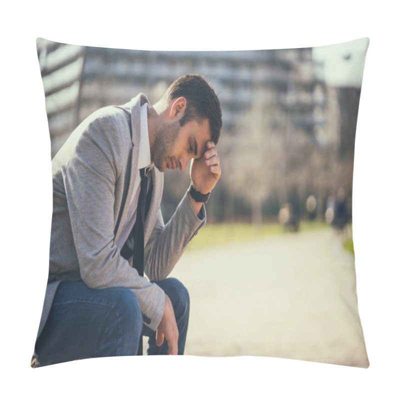 Personality  Young Businessman Is Sitting In Park After Being Fired. He Is Depressed. Pillow Covers