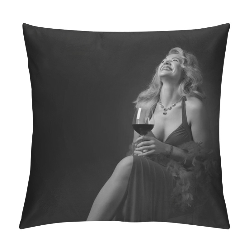 Personality  Attractive Middle Age Woman In Evening Dress With Glass Of Red Wine. Happy Laughing Forty Years Blonde With Fluffy Feather Boa On A Black Background. Copy Space. Black And White. Pillow Covers