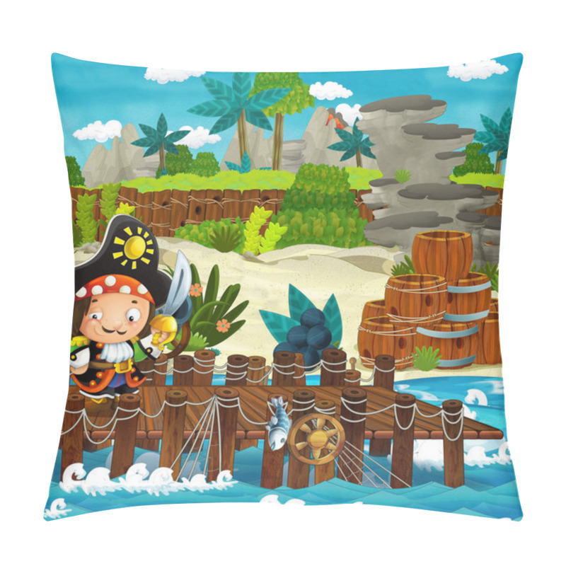 Personality  Cartoon Scene With Beach Shore With Wooden Traditional Barrels And Cannon And Cannon Balls On Some Tropical Island - Illustration For Children Pillow Covers