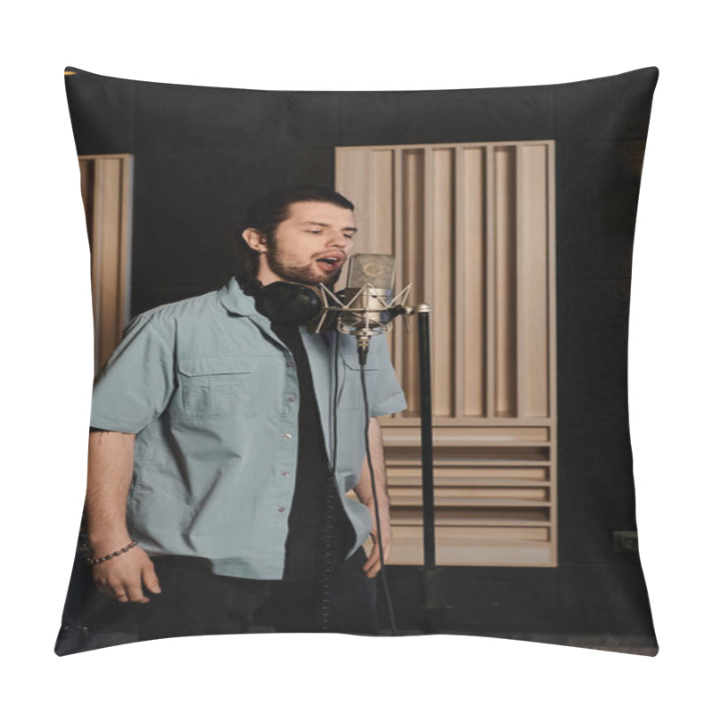 Personality  Talented Man Passionately Sings Into Microphone In Professional Recording Studio During Band Rehearsal. Pillow Covers