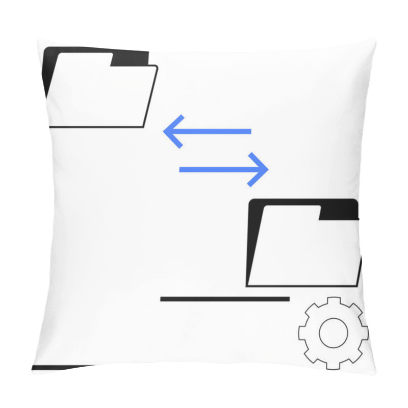 Personality  Two Folders Connected By Blue Bidirectional Arrows With A Gear Symbol. Ideal For Data Sharing, System Synchronization, File Organization, Digital Workflow, Tech Services, IT Systems, Abstract Line Pillow Covers