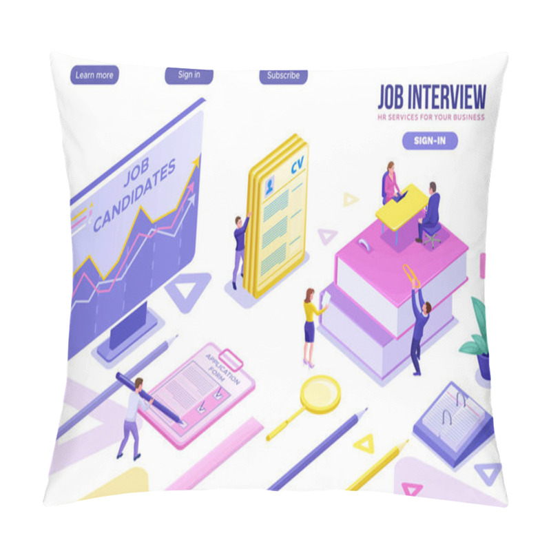 Personality  Recruitment Agency Isometric Infographic Landing Page Template With 3d Employer Hiring Talent  Worker, Candidates Search Work Via Human Resource Mobile App, Office Business People, Vector Illustration Pillow Covers