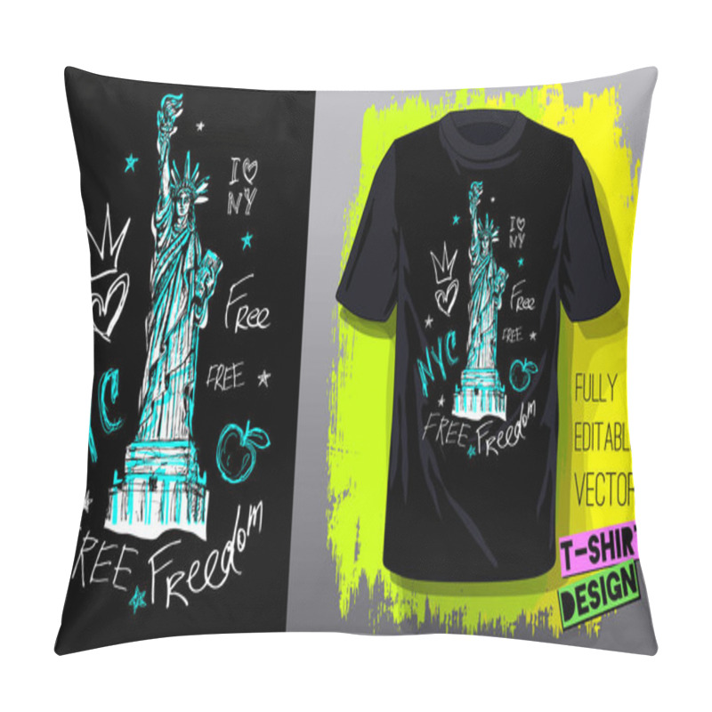 Personality  New York, City, American Liberty, Freedom, Monument. Trendy T-shirt Template, Fashion T Shirt Design, Bright, Summer, Cool Slogan Lettering. Color Pencil, Marker, Ink, Pen Doodles Sketch Style. Pillow Covers