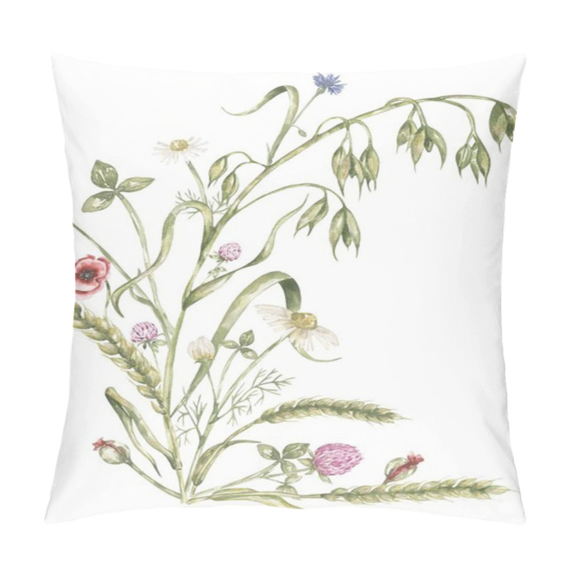 Personality  Watercolor Green Wheat And Oat Branch With Poppy, Clover And Daisy Flowers Bouquet Illustration, Hand Drawn Field Flora Arrangement Pillow Covers