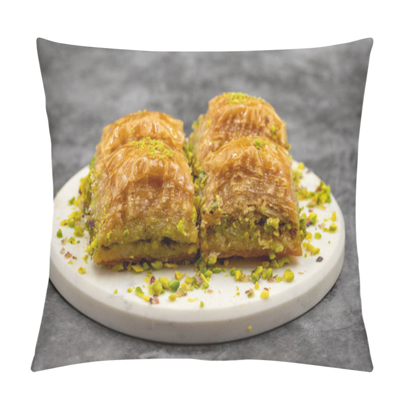 Personality  Pistachio Baklava. Close-up. Traditional Middle Eastern Flavors. Traditional Turkish Baklava. Local Name Fistikli Baklava Pillow Covers