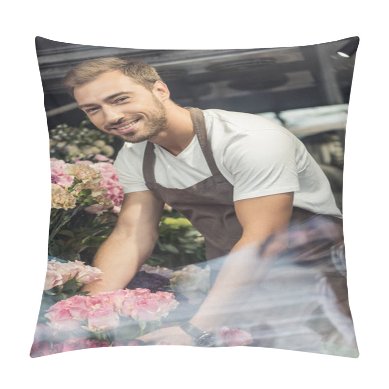 Personality  View Through Window Of Smiling Handsome Florist Taking Care Of Bouquets In Flower Shop And Looking At Camera Pillow Covers