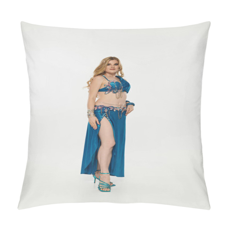 Personality  Graceful Woman Showcases Belly Dance In Stunning Blue Attire. Pillow Covers