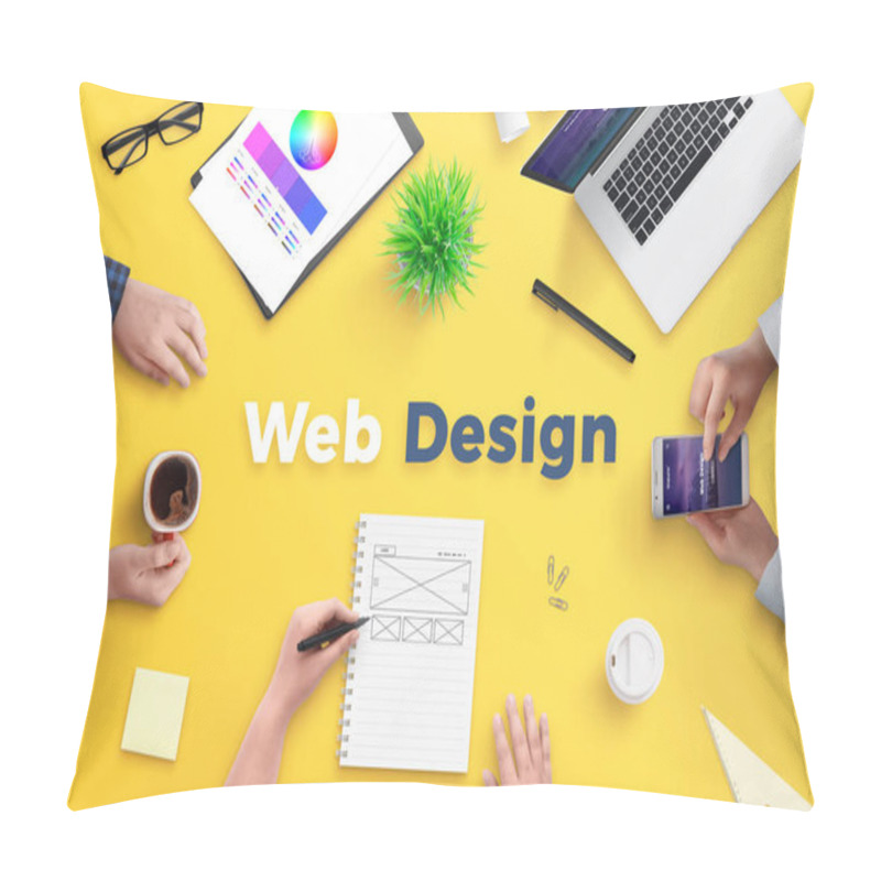 Personality  Web Design Team Work On Project Concept. Yellow Desk With Web Design Text. Top View, Flat Lay. Pillow Covers