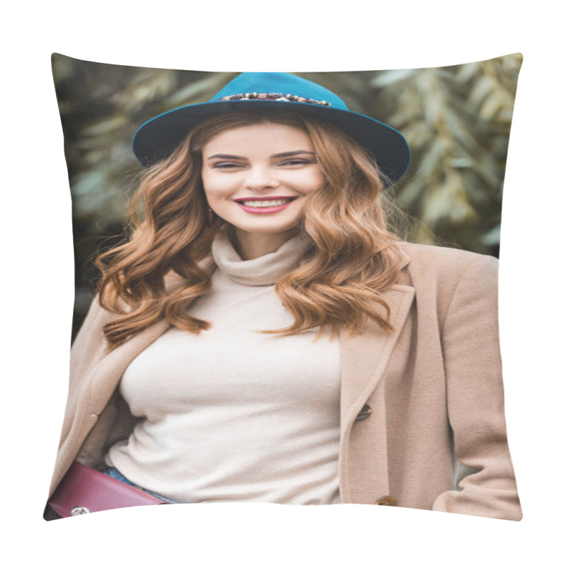 Personality  Attractive Woman In Blue Hat Smiling And Looking At Camera  Pillow Covers