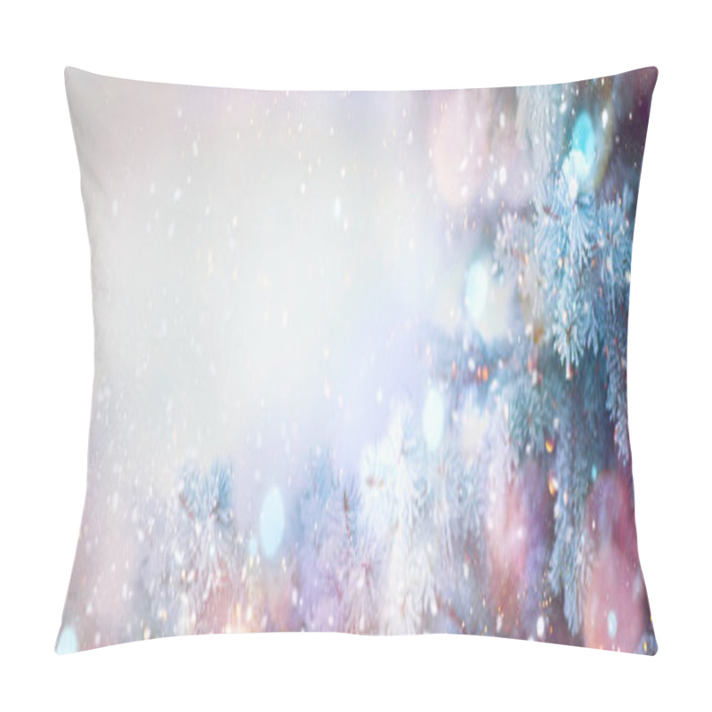 Personality  Snow Covered Fir On Snowy Background With Lights And Bokeh Pillow Covers