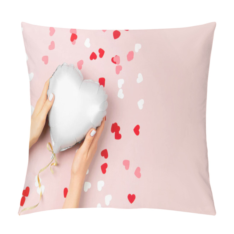 Personality  Female Hands Hold Balloon Of Heart Shaped Foil On Pastel Pink Background. Love Concept. Holiday Celebration. Valentine's Day Or Wedding/bachelorette Party Decoration. Metallic Balloon Pillow Covers