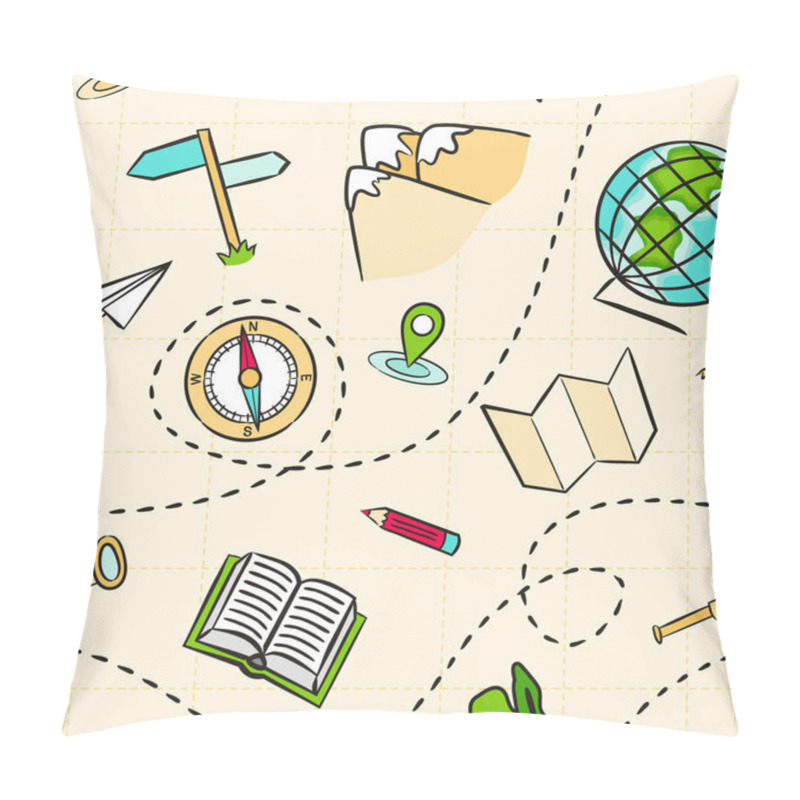 Personality  Seamless Kids Pattern With School Geographic Elements. Pattern With Hand Drawn Education Objects, Globe, Spyglass, Navigation, Route, Pointer, Ruler On Maps Sheet. Vector Background. Pillow Covers