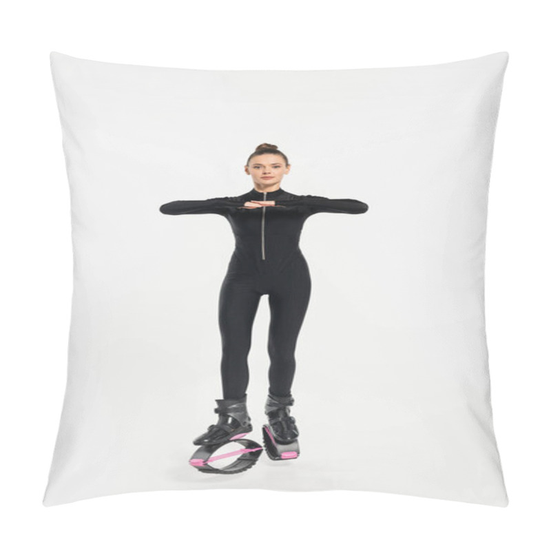 Personality  Kangoo Jumping Concept, Woman In Black Jumpsuit Working Out And Looking At Camera, Fitness And Sport Pillow Covers