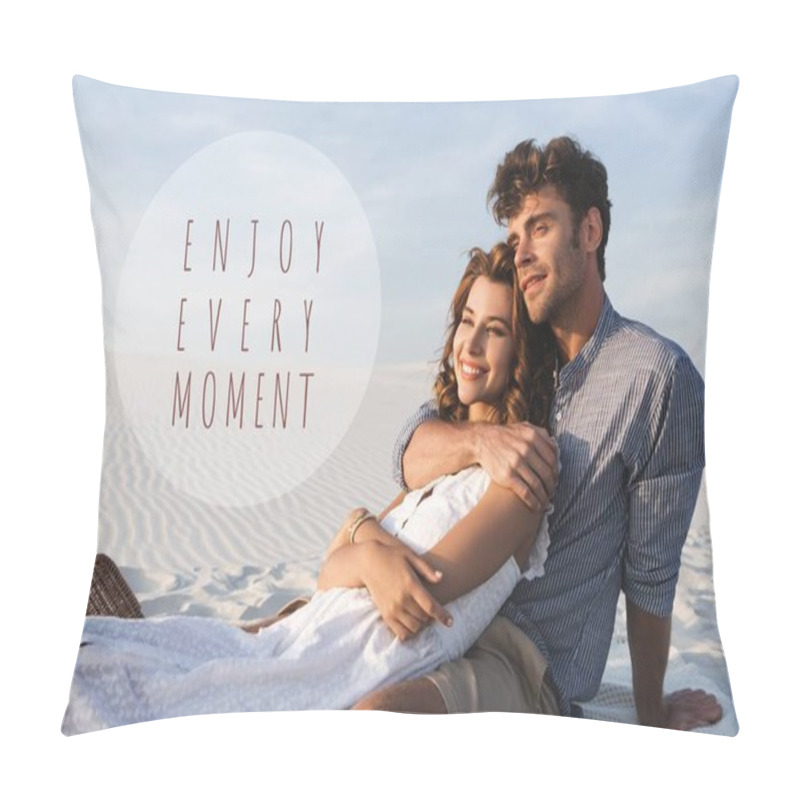 Personality  Smiling Young Couple Hugging While Having Picnic On Beach, Enjoy Every Moment Illustration Pillow Covers