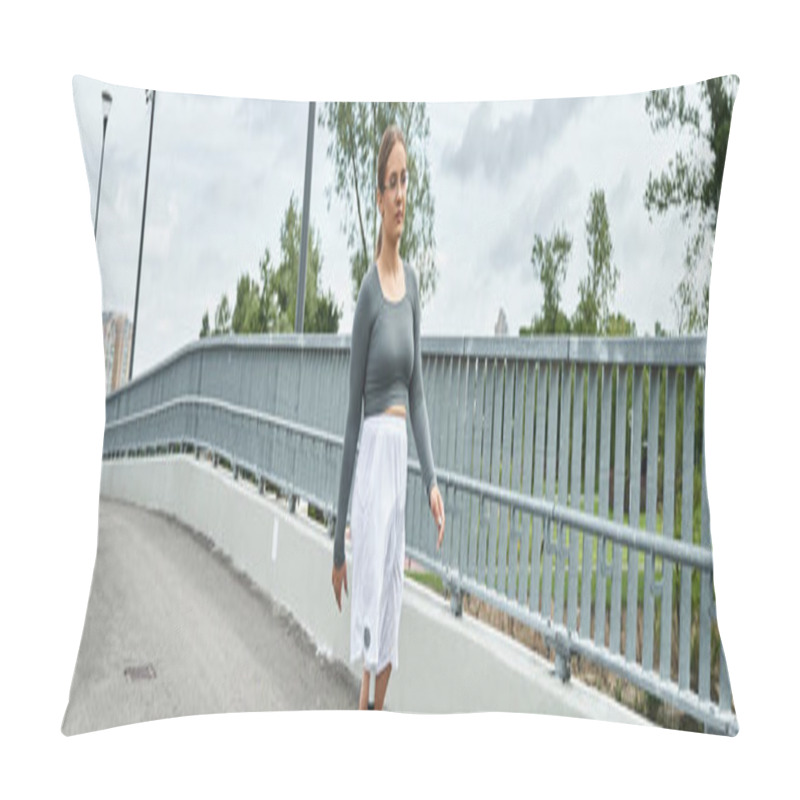 Personality  A Determined Young Woman Exercises Outdoors, Confidently Embracing Her Active Lifestyle With A Prosthetic Leg. Pillow Covers