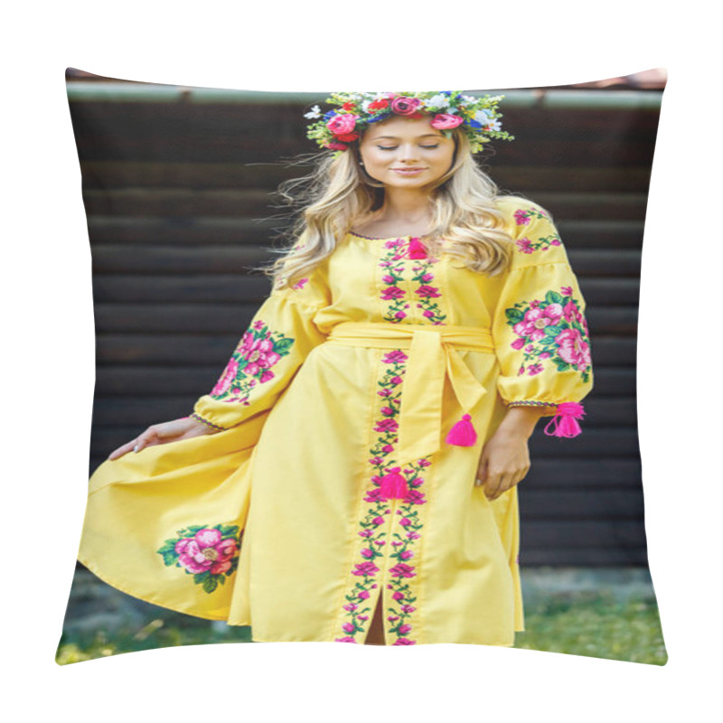 Personality  Beautiful Blonde Ukrainian Girl With Blue Eyes  In Folk Clothing. Boho Style In Fashion. Traditional And Nature  Style. National Look Pillow Covers