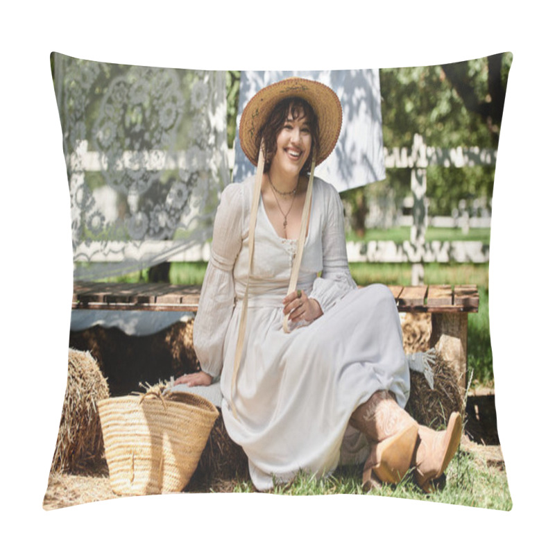 Personality  A Woman In A White Dress And Straw Hat Smiles Brightly In A Summer Garden Setting. Pillow Covers