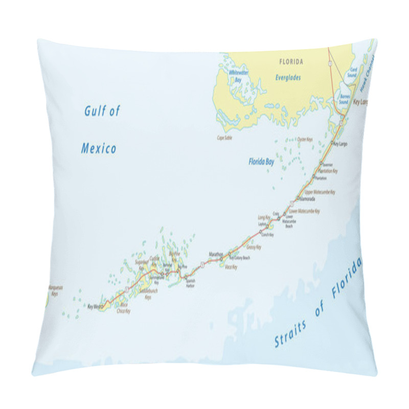 Personality  Detaild Florida Keys Road And Travel Vector Map Pillow Covers