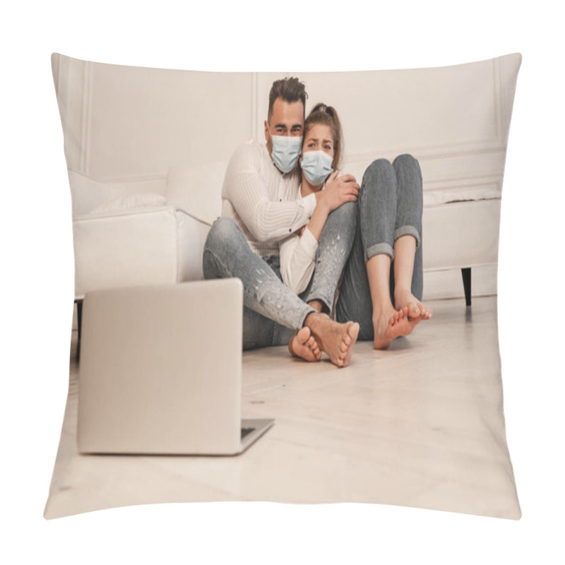 Personality  Scared Couple In Medical Masks Watching Horror Film On Laptop On Floor Pillow Covers