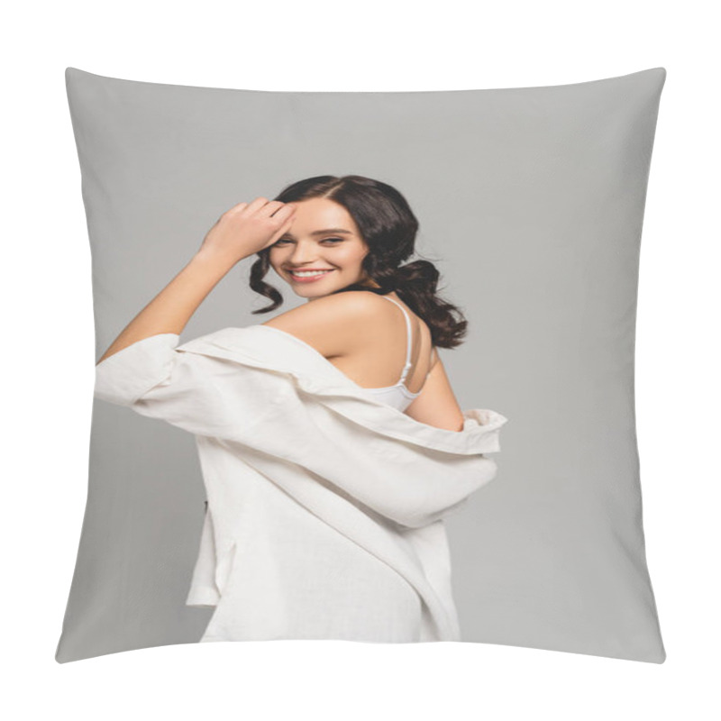 Personality  Happy Brunette Woman In White Top And Shirt Looking At Camera While Posing Isolated On Grey Pillow Covers