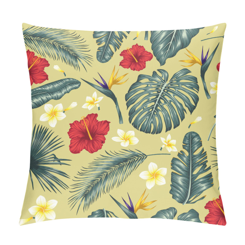 Personality   Seamless Vector Pattern Of Exotic Tropical Leaves On A Yellow Background. Palm Leaves, Hibiscus, Monstera, Plumeria, Banana Leaves, Strelitzia, Aralia, Elephant Ear Leaves Pillow Covers