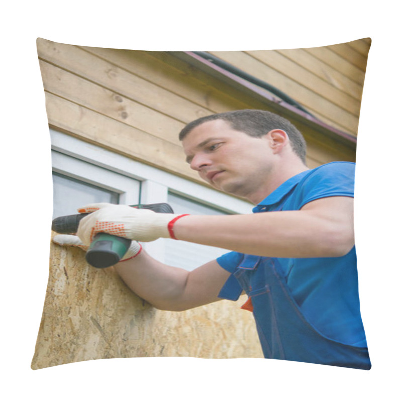 Personality  Worker, Blocks The Window Of The House With A Protective Shield Made Of Wood, From Thieves, When Moving To Another Address, Close-up Pillow Covers