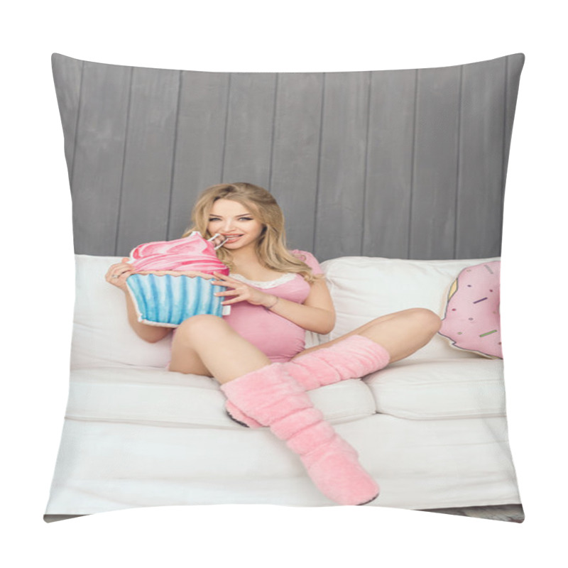 Personality  Pregnant Woman With Toys Of Ice Cream Posing Indoors At Home. Heath Care And Food Consept. Pillow Covers