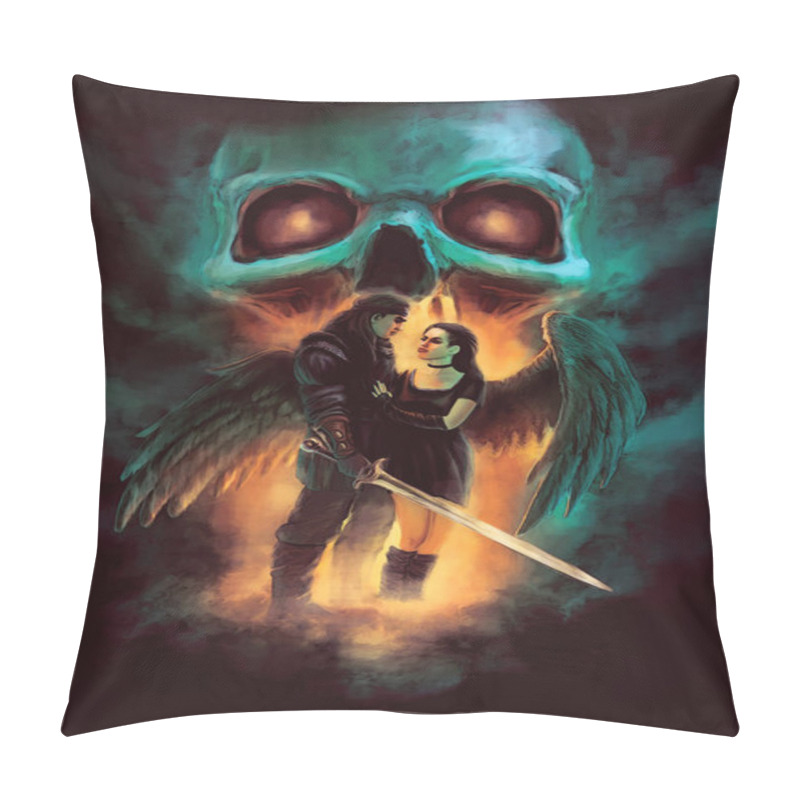 Personality  Fantasy Scene - Standing Man With Sword And Young Woman With Wings, Fiery Glow And Skull In Background - Original Illustration Of Fictional Characters Pillow Covers