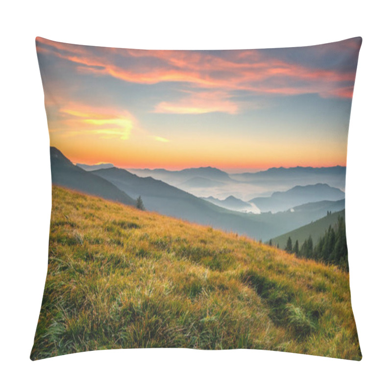 Personality  Grassland In The Mountains At Sunset With Sunbeams. Pillow Covers