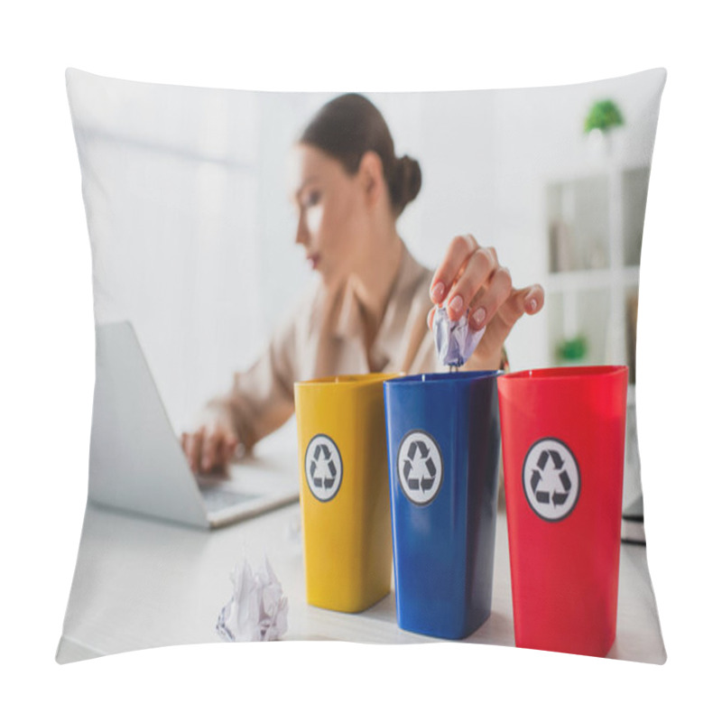 Personality  Selective Focus Of Businesswoman Throwing Crumpled Papers Into Recycling Buckets While Working On Laptop  Pillow Covers