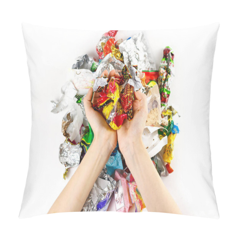 Personality  Hands Holding A Bunch Of Candy Wrappers On A White Background. C Pillow Covers