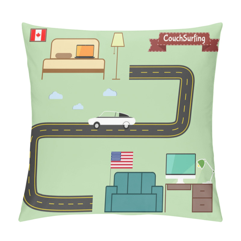 Personality  Couch Surfing Concept. Travel Infographic. Share Your Sofa. Car On The Road. 2015. Travel All Over The World For Free. Can Be Used As Poster, Banner, Card, Template Etc. Flat Minimalistic Design. Pillow Covers