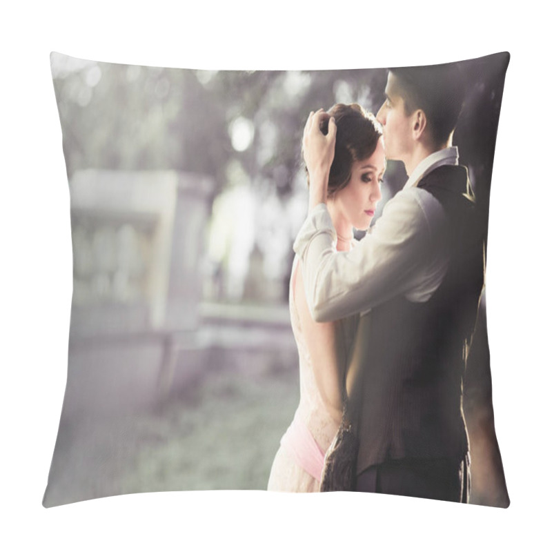 Personality  Couple Man And Woman In Retro Dress Against Trees And A Fence. Historical 1930s Pillow Covers