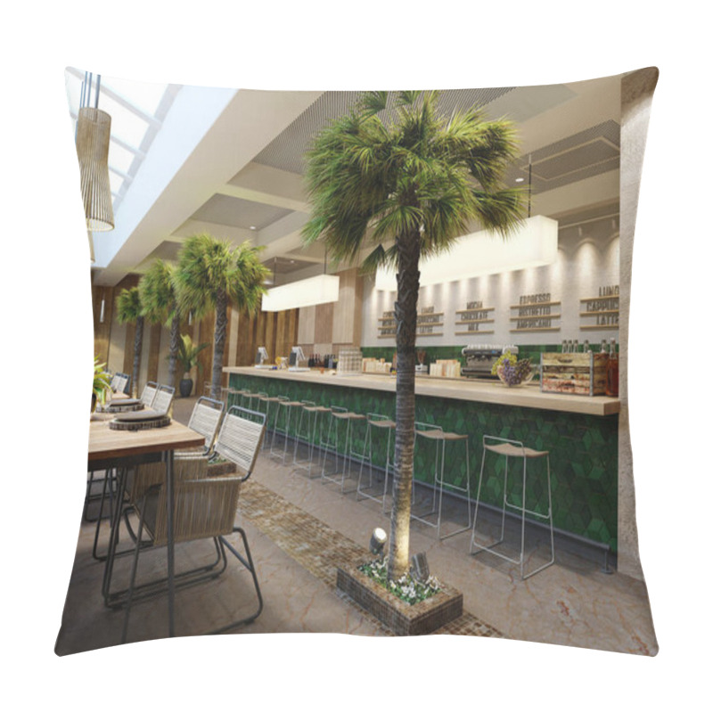 Personality  Green Tiled Bar Counter With Bar Stools In A Modern Restaurant With Palm Trees. Pillow Covers