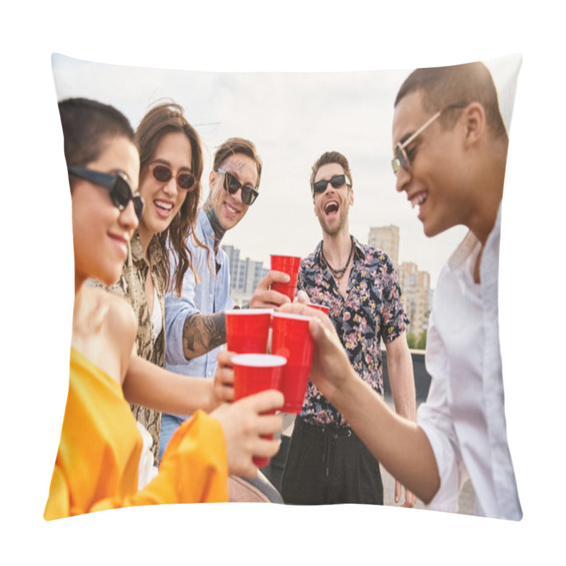 Personality  Cheerful Diverse Friends With Sunglasses Having Fun At Rooftop Party Holding Red Cups With Drinks Pillow Covers