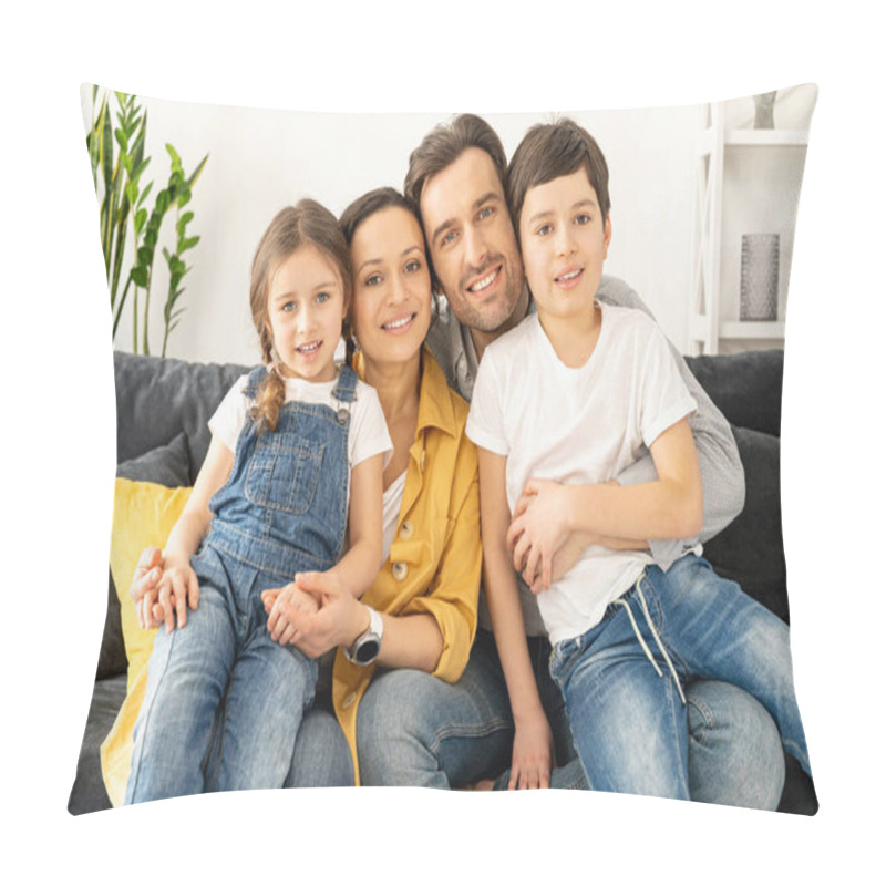 Personality  Family Garmony. Happy Multiracial Family Of Four Sitting On The Sofa In Cozy Living Room Pillow Covers